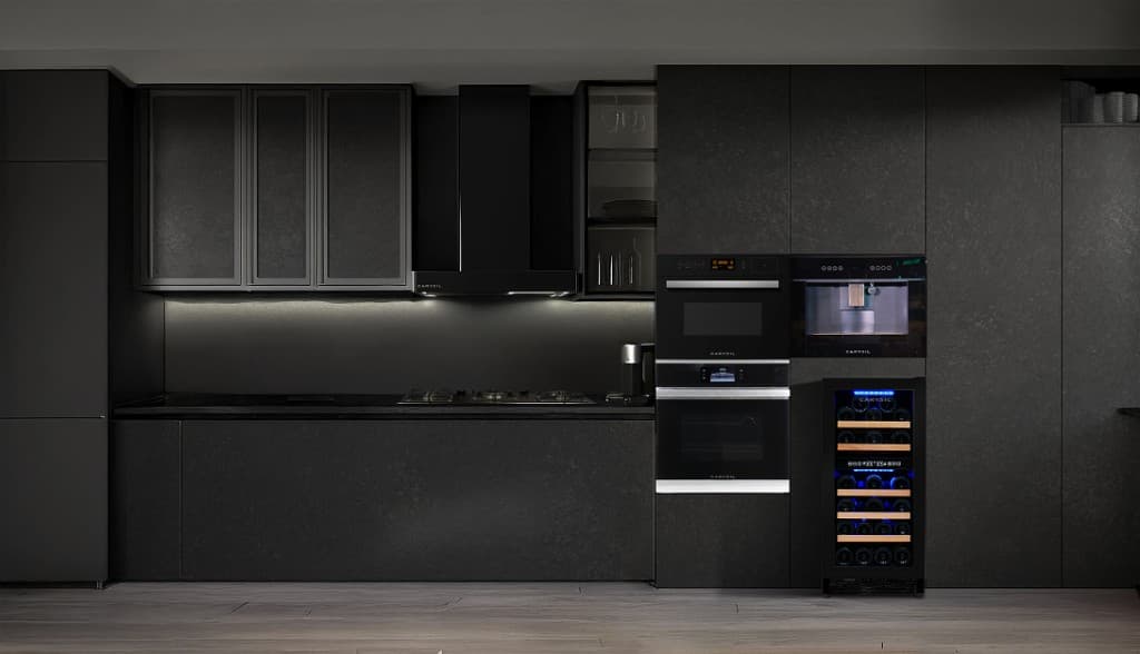 Carysil built-in appliance wall in a city apartment